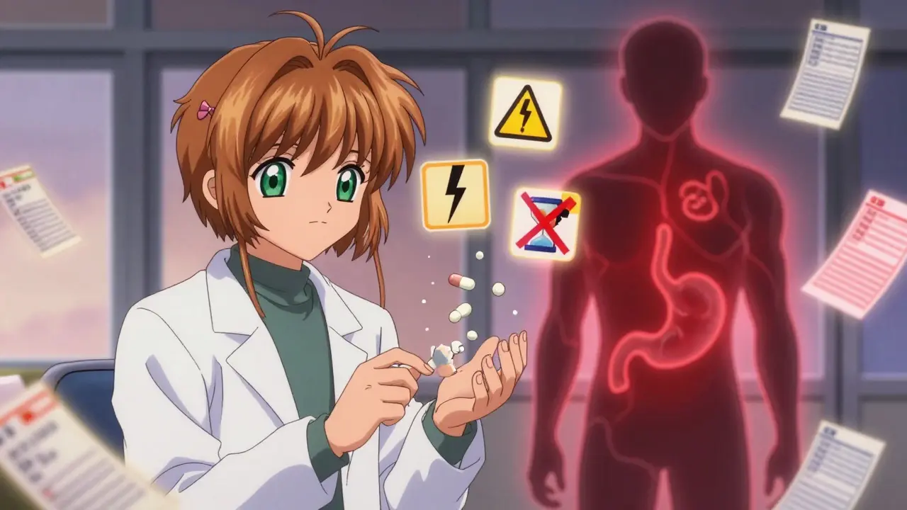 A pharmacist sealing a crushed pill with warning symbols floating around it in a magical medical setting.
