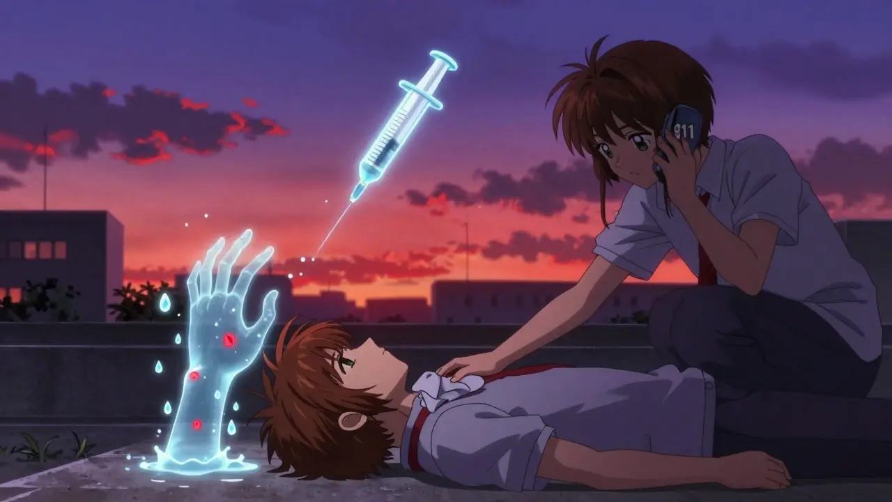 A rescue scene with someone unconscious on concrete, a friend applying a cool cloth as a naloxone syringe glows nearby.