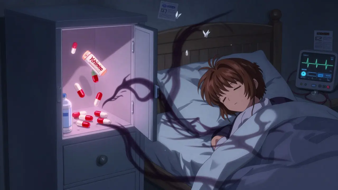A sleeping person surrounded by glowing dangerous yohimbe capsules in an open medicine cabinet.