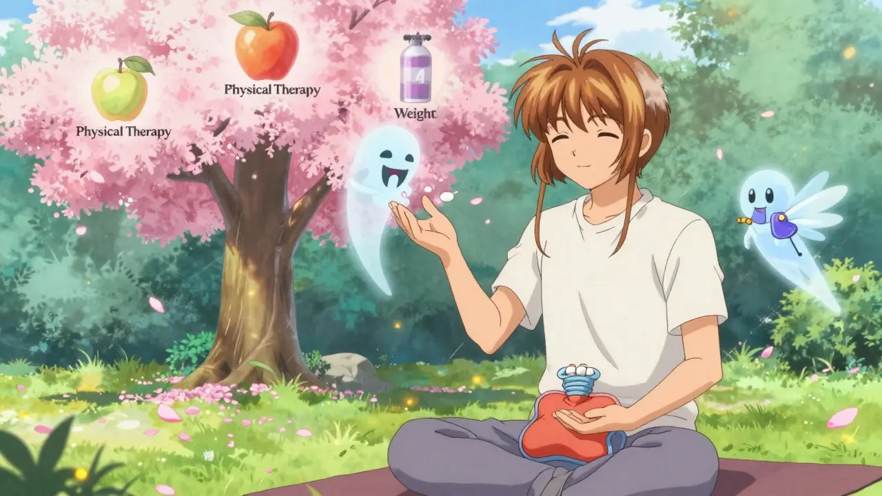 An elderly man in a garden replacing pills with therapy tools, NSAID spirits dissolving into petals.