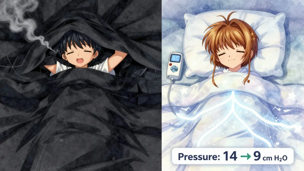 Before-and-after scene: dark, oppressive sleep vs. bright, peaceful sleep with glowing airway and falling CPAP pressure.