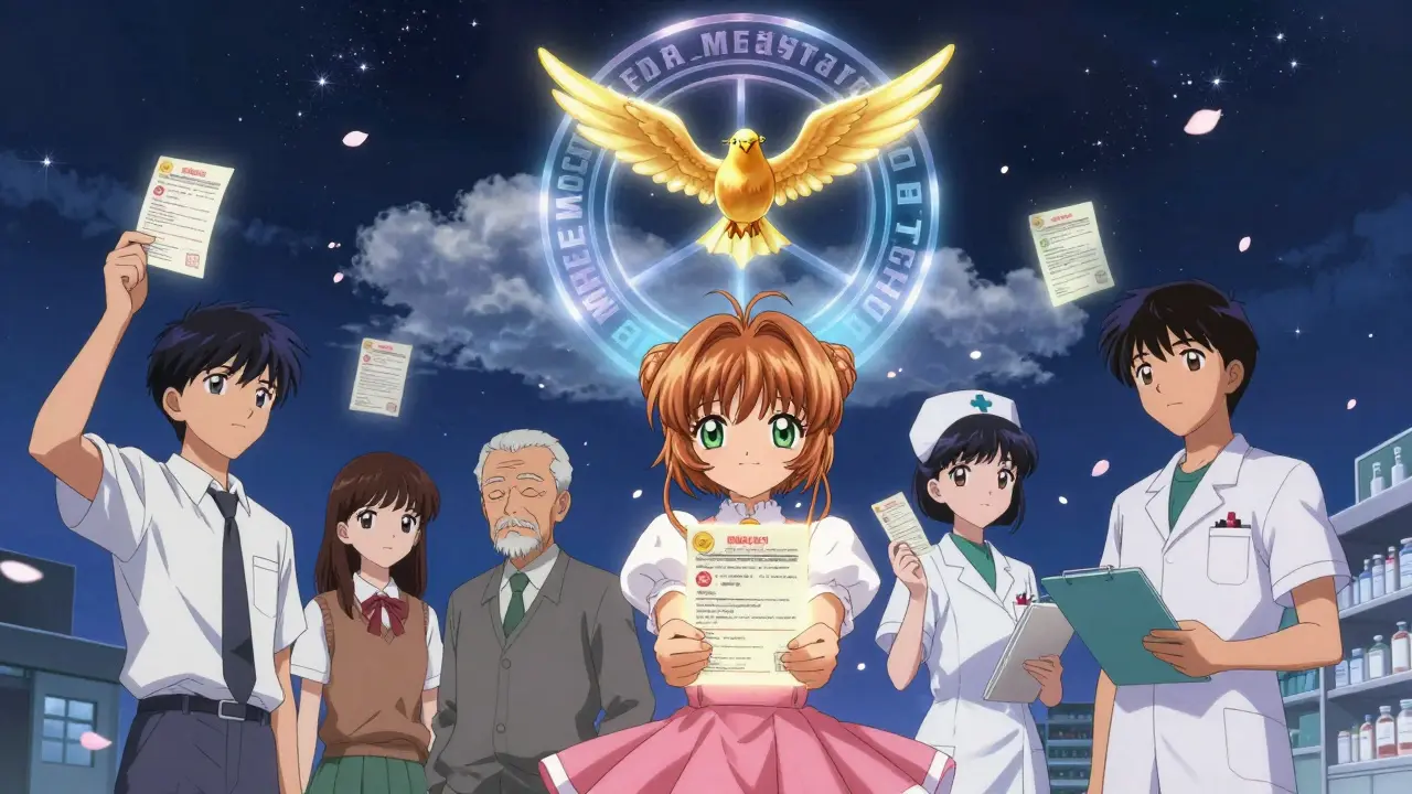 Diverse people releasing glowing report birds into a starry sky toward the FDA MedWatch emblem.