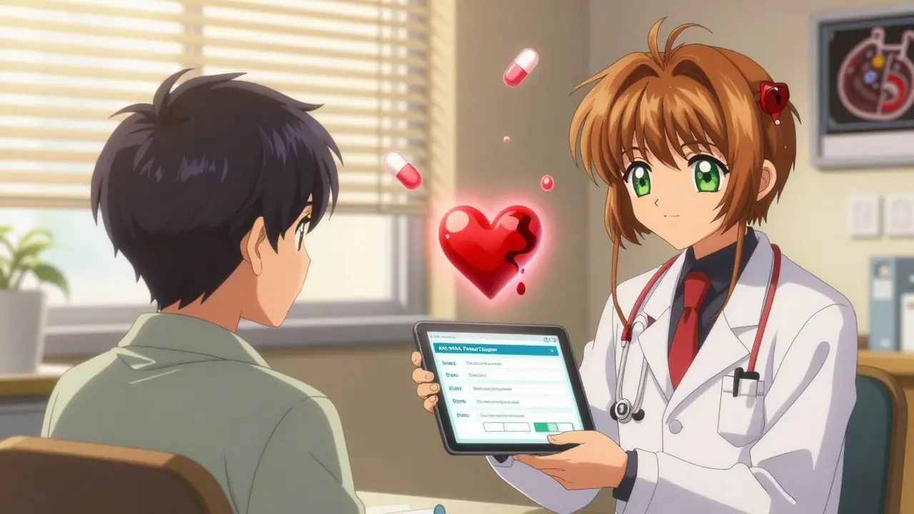 Doctor and patient reviewing a digital heart risk assessment with glowing medical symbols in background.