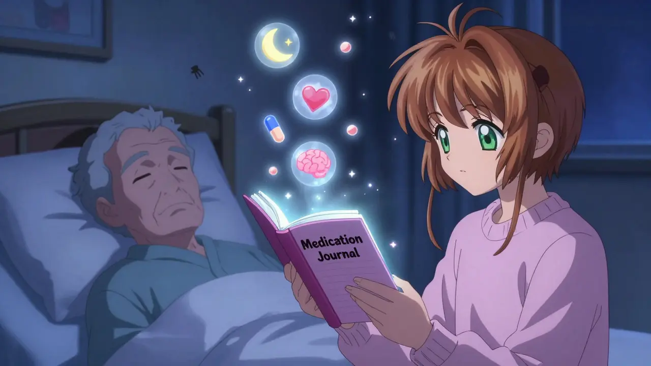Family reviewing a glowing medication journal at night with floating health icons.