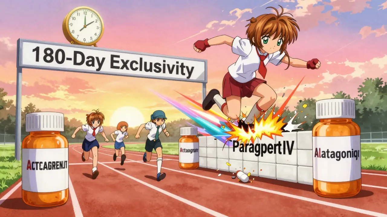 Generic drug companies racing toward 180-day market exclusivity on a pill bottle track.