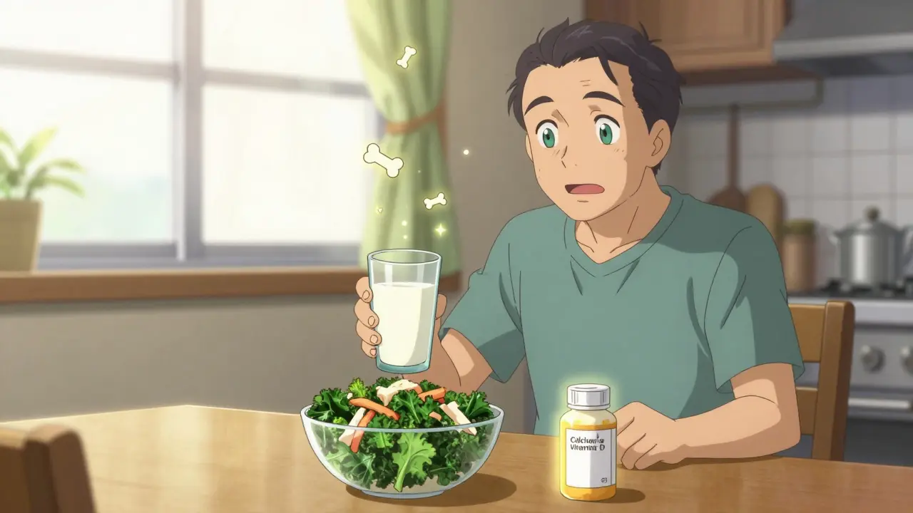 Man placing calcium-rich food and supplements on a kitchen table, animated bone icons rising from the meal in soft sunlight.