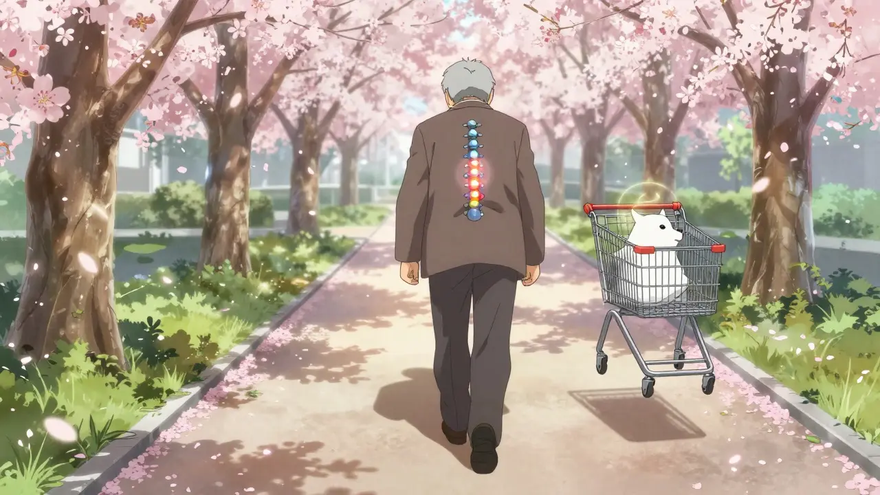 Man walking freely in park, glowing spinal implant shimmering as cherry blossoms fall around him.