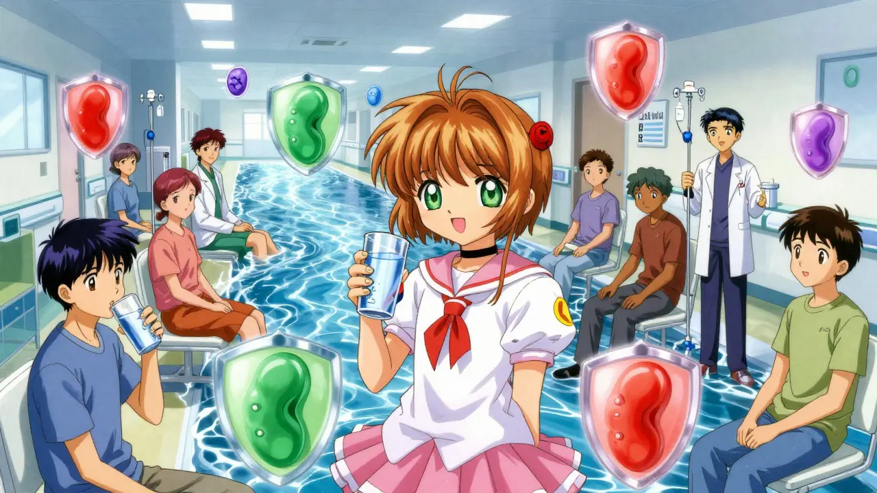 Patients are protected by personalized kidney-shaped hydration shields, colored by risk level, in a flowing water-themed hospital.