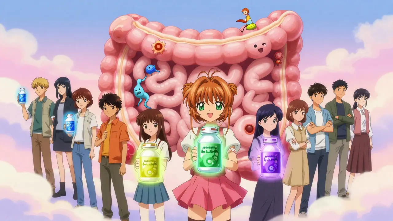 People hold probiotic bottles with colored auras, standing before a vibrant, living gut landscape.