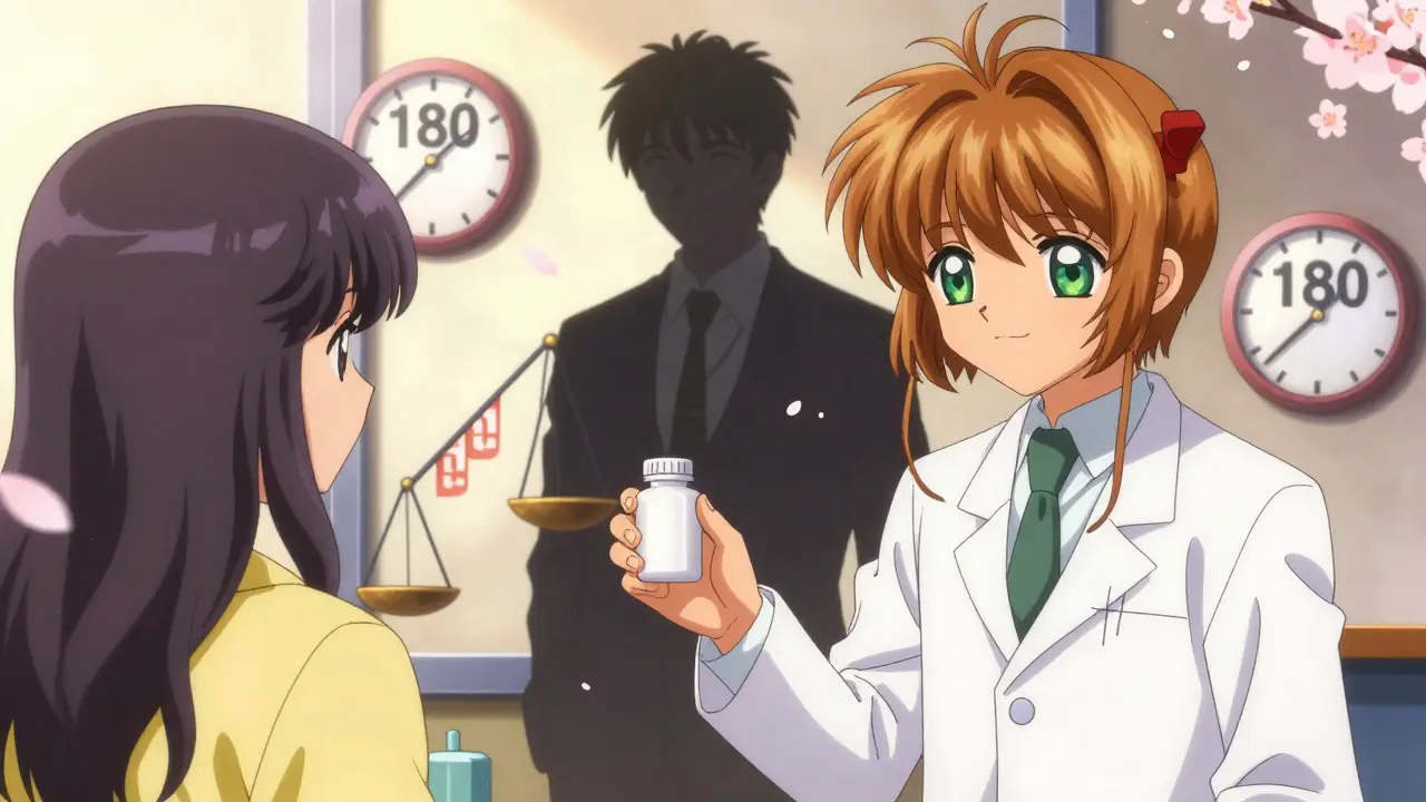 Pharmacist giving a plain pill bottle to a patient, with countdown clocks and market scales in background.