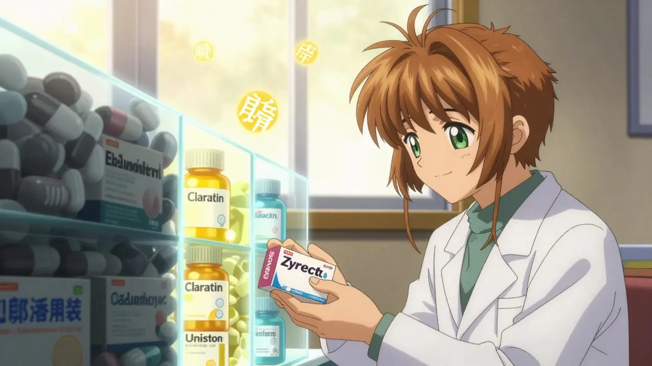 Pharmacist handing safe allergy medication to an older man with glowing safe drugs behind them.