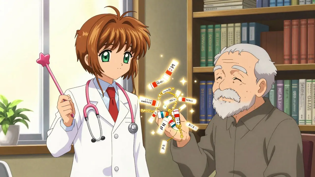 Pharmacist unraveling a glowing chain of prescription labels with an elderly patient.