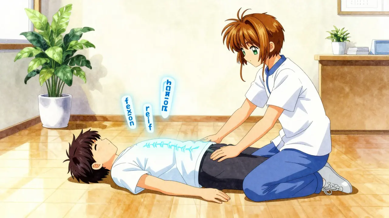 Physical therapist helping patient stretch in clinic, with glowing symbols of flexion and relief in the air.