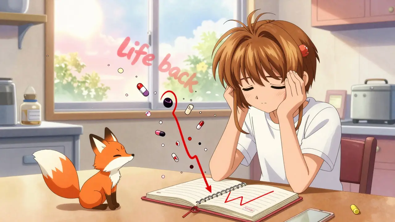 Someone journaling a headache diary as animated graphs show relief, with a fox spirit watching kindly.