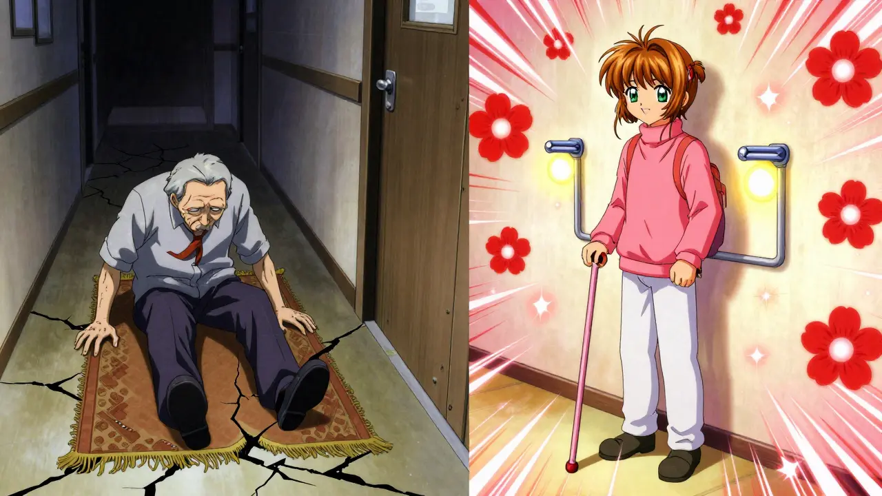 Split scene: frail person tripping on rug vs. same person safe at home with glowing grab bars and nightlights.