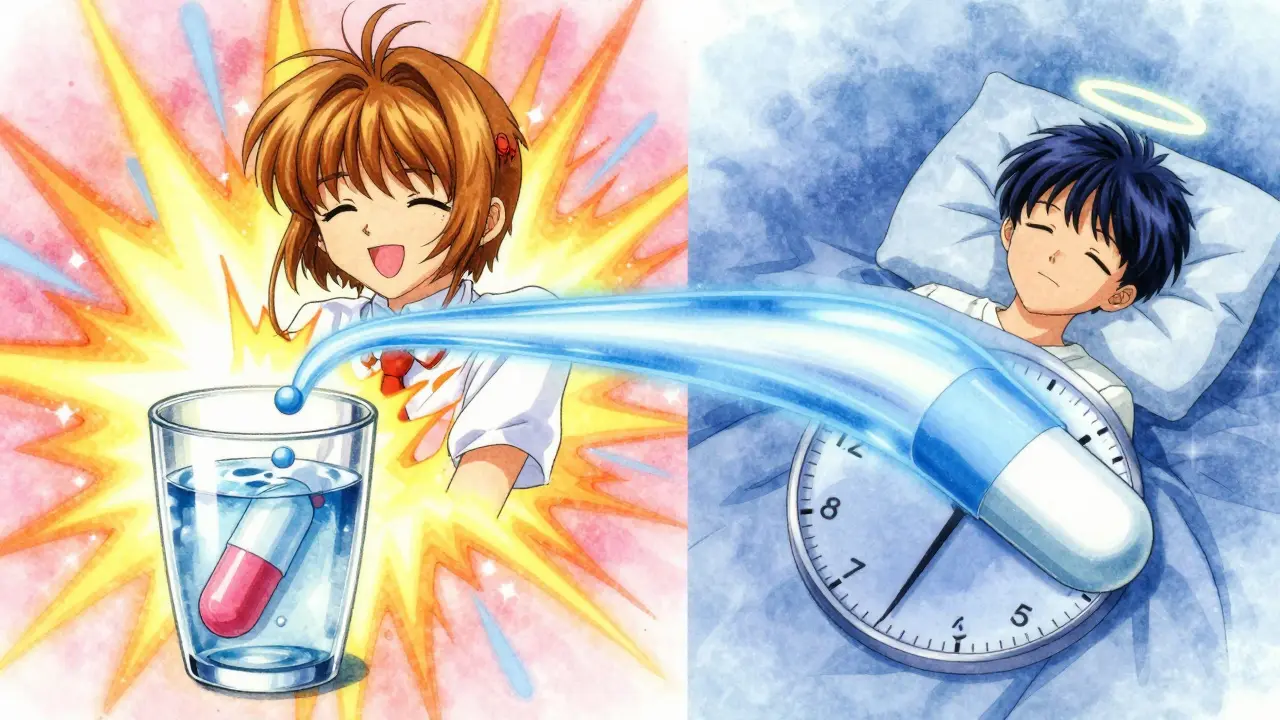 Split-screen showing immediate-release pill exploding with energy versus extended-release pill releasing steady light.