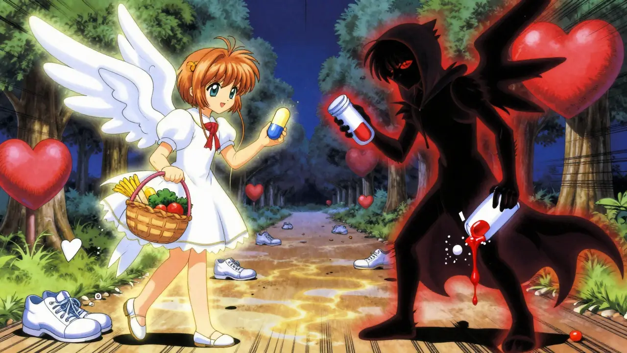 Symbolic battle between health spirits: statin angel vs. aspirin shadow, with heart-themed environment.