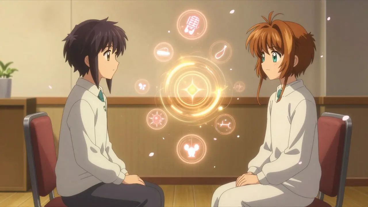 Therapist and patient in a quiet room with floating CBT-I symbols and cherry blossoms drifting around them.