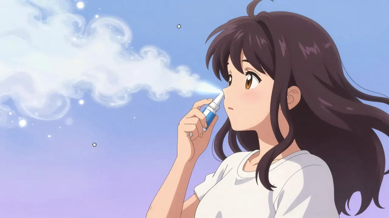 Woman using a nasal spray as magical mist clears her airways with sparkling light.