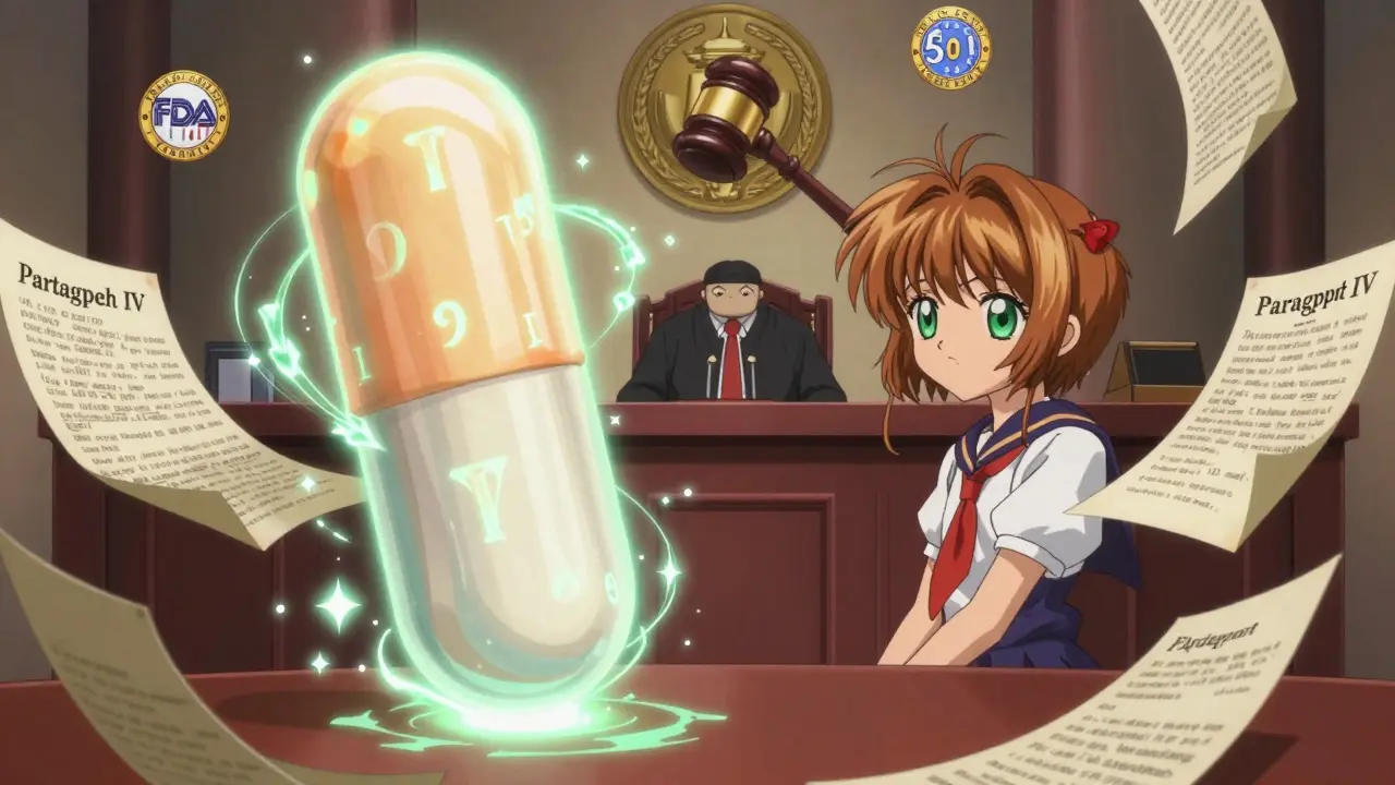 A glowing generic tablet battles a patent-armored brand drug in a magical courtroom with a 30-month countdown.