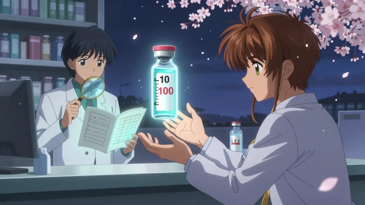 A man stops a glowing insulin vial from flipping between wrong dosages at a pharmacy counter.