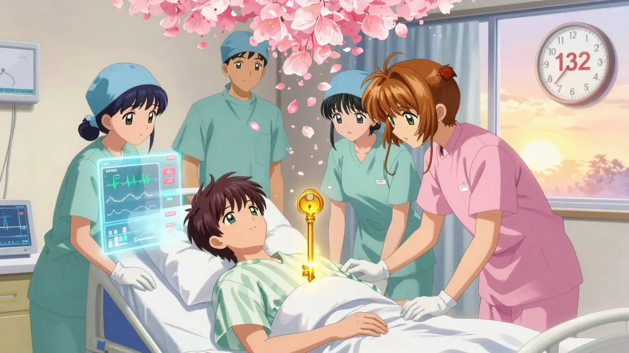A patient in a hospital bed monitored by holographic health data, a golden key turning above them as petals of hope fall softly.