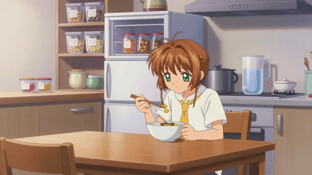 A person eating a meal at a clean dining table with no screens, surrounded by an organized kitchen featuring pre-portioned snacks and water on the counter.