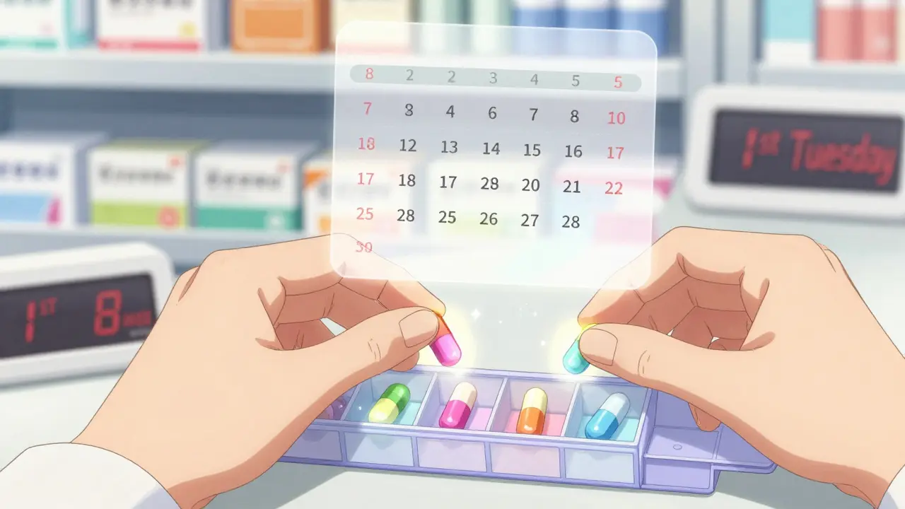A pharmacist placing pills into a monthly organizer with glowing, enchanted effects.