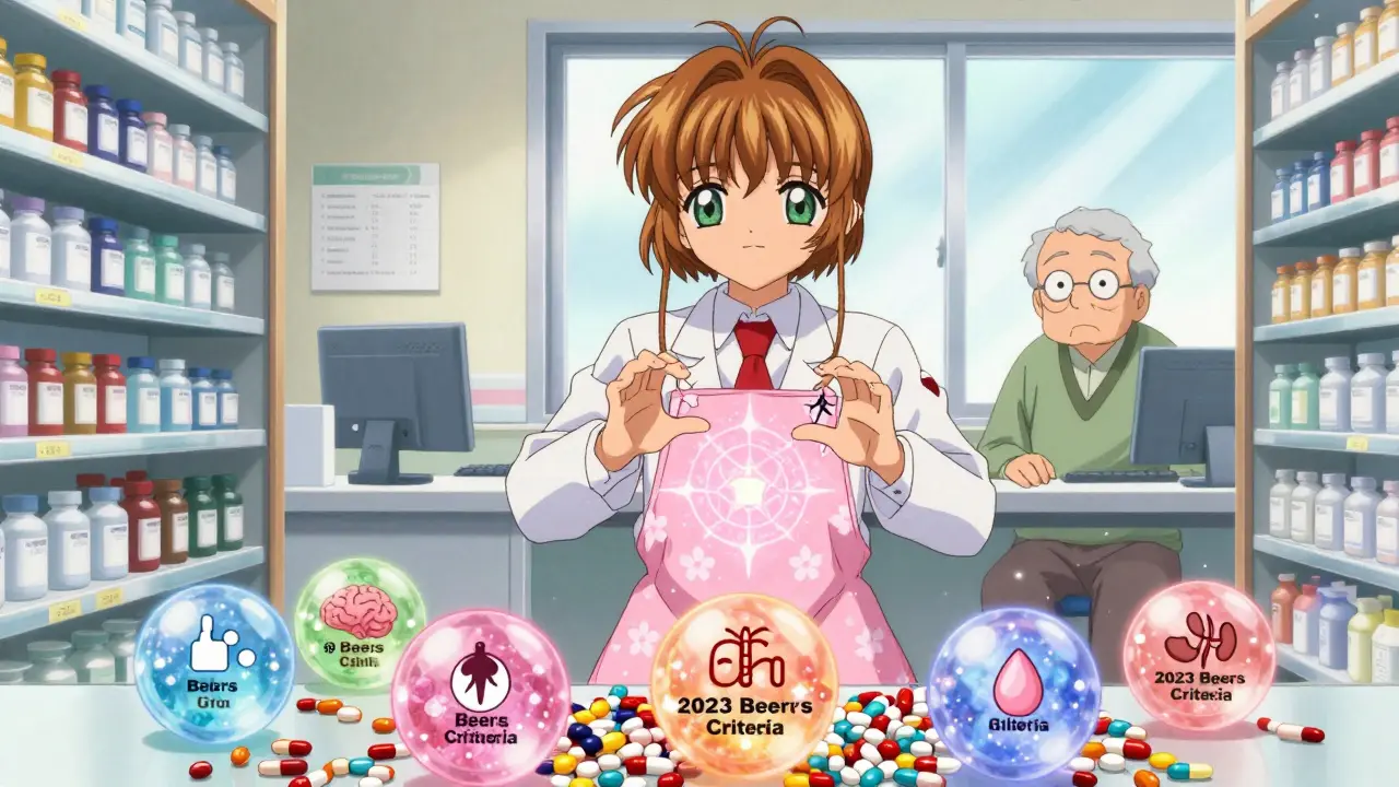 A pharmacist using magic to sort dangerous pills into safe orbs, with warning icons above them in vibrant anime style.