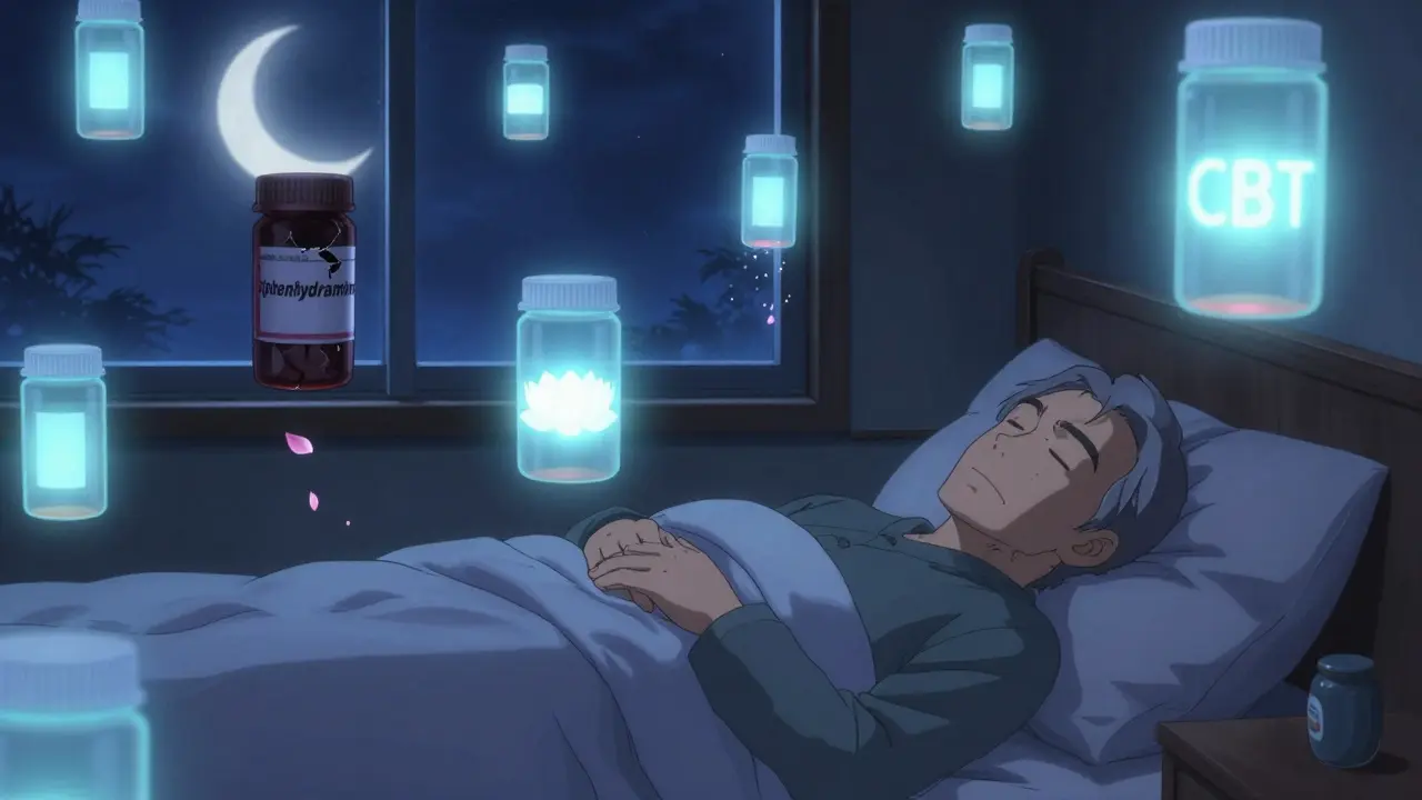 A senior sleeping peacefully as a risky medication dissolves into petals, replaced by a calming lotus symbol of therapy.