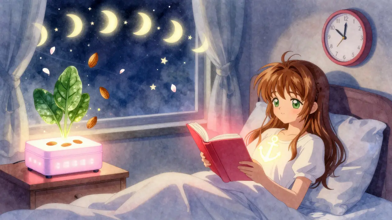 A serene bedroom where light therapy, almonds, and a steady clock create a harmonious sleep sanctuary, with celestial elements aligning to circadian rhythm.