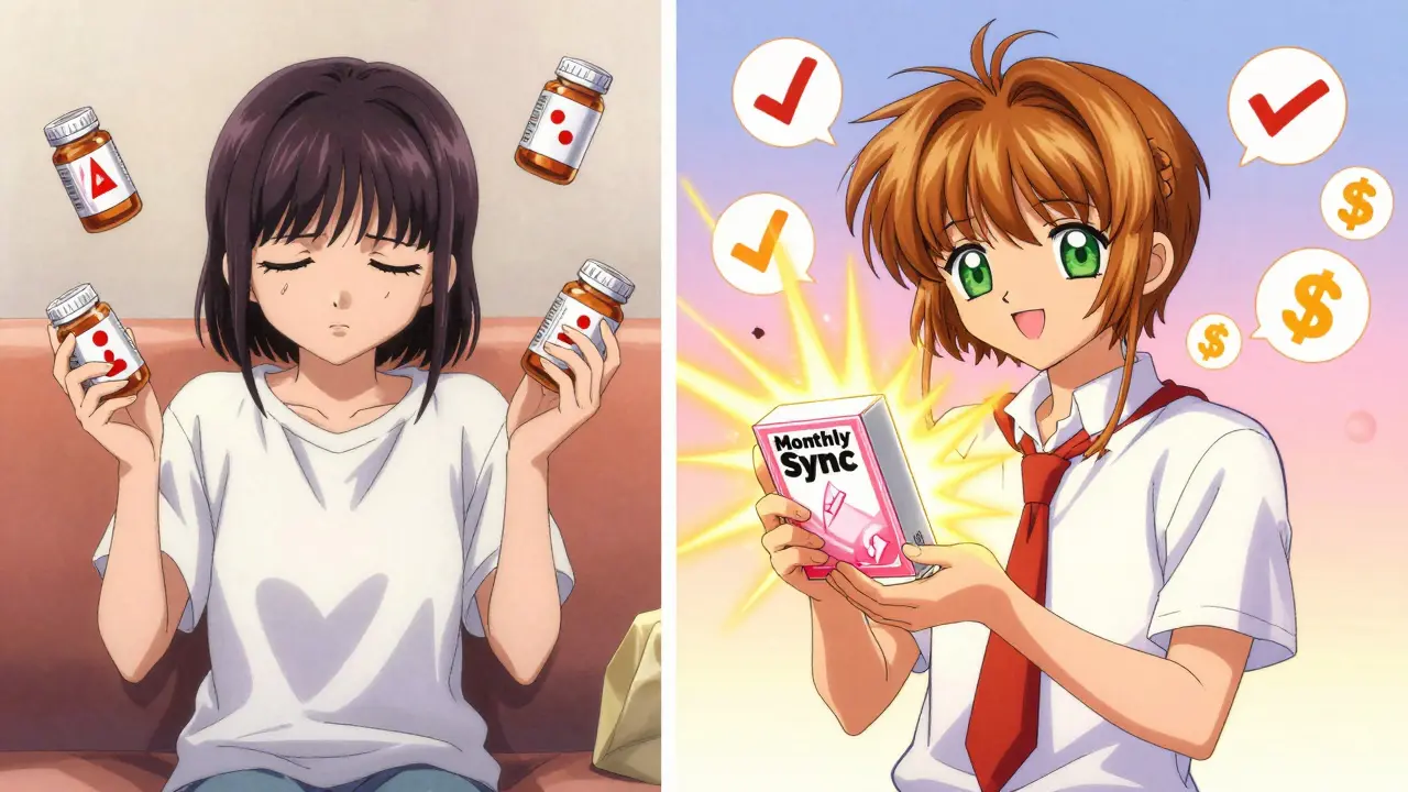 A split scene showing chaos of multiple pills transforming into one synced pill box with golden light.