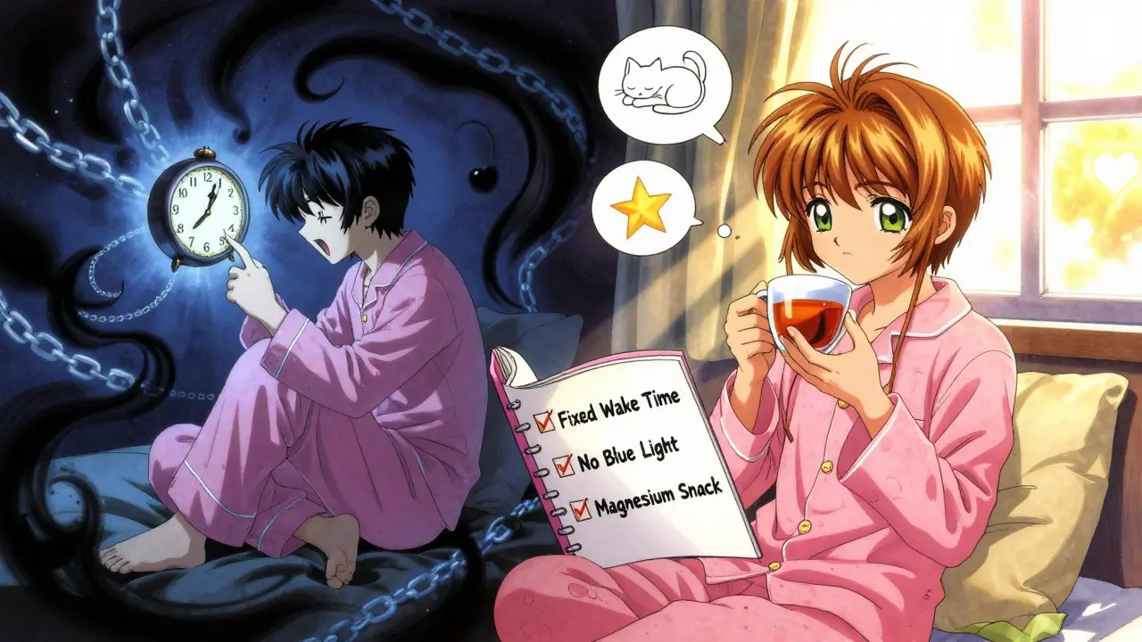 A split scene shows a person struggling with sleep at night versus calmly waking in morning light, with floating hygiene checklist symbols nearby.