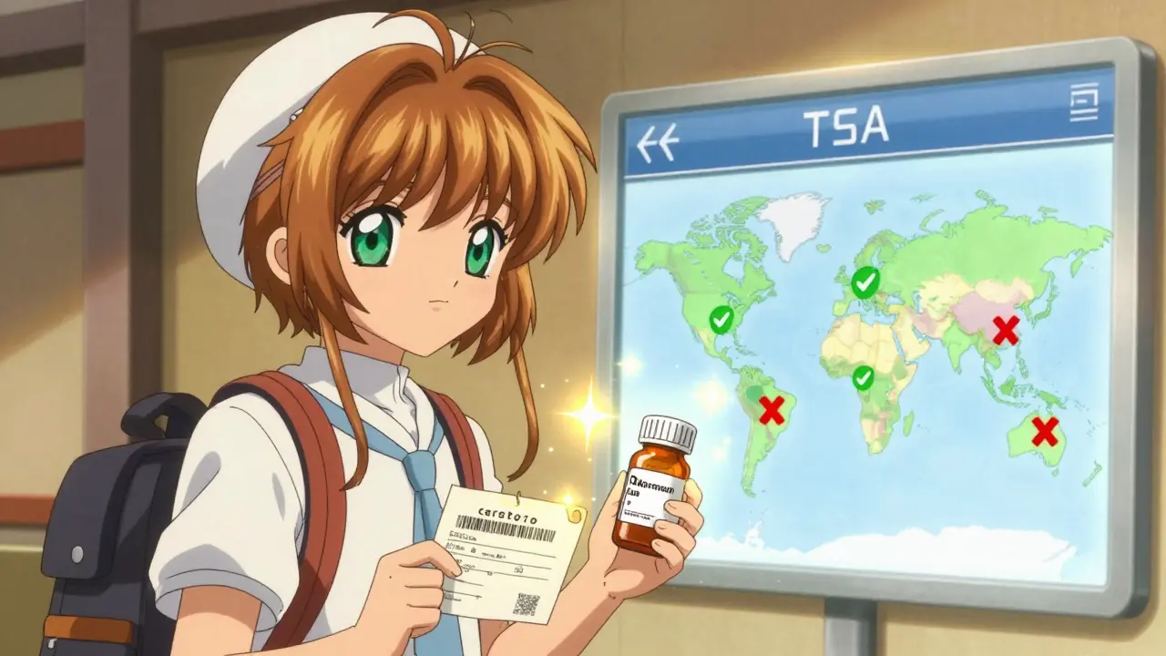 A traveler holds a doctor’s note beside a glowing TSA app showing global medication legality map with checkmarks and X's.