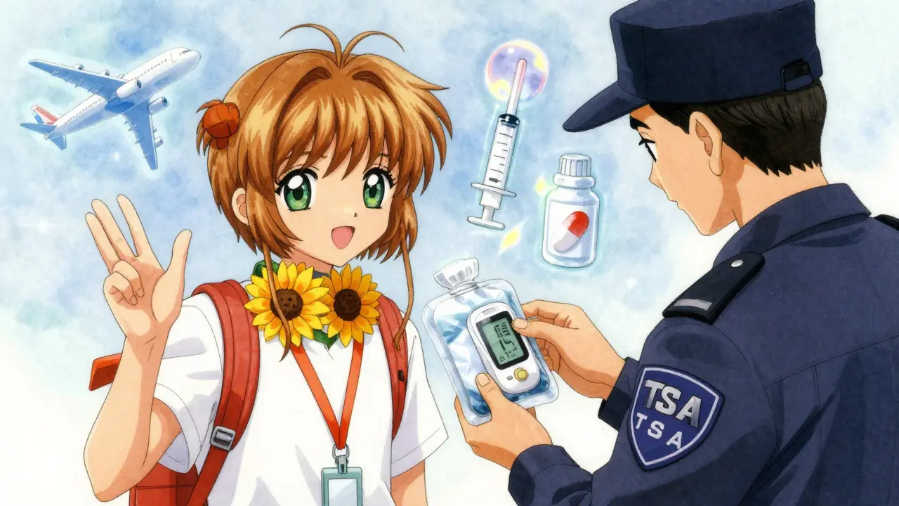 A traveler with a sunflower lanyard has a frozen gel pack and glucose monitor inspected by a TSA agent, surrounded by floating medical icons.