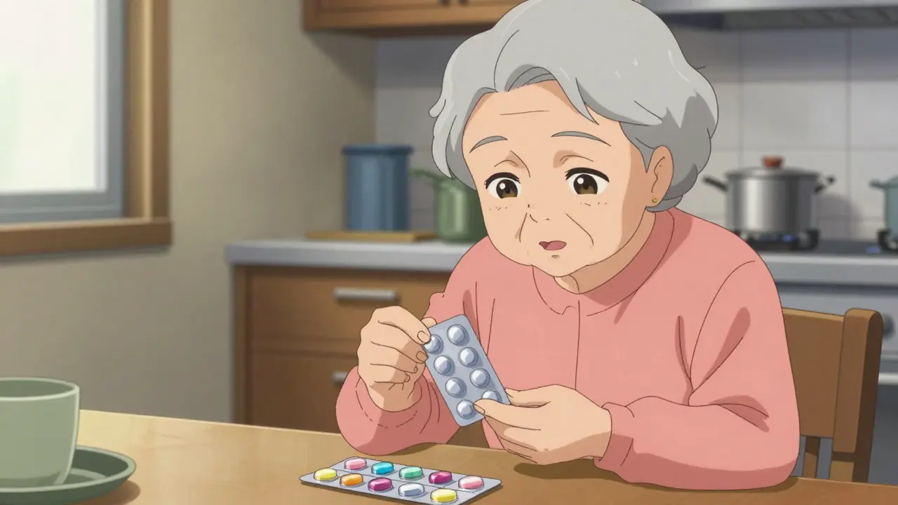 Elderly person and caregiver using blister pack medication organizer at home