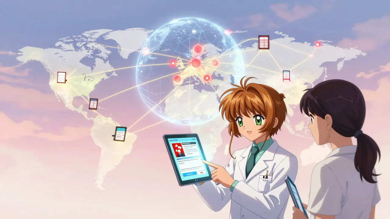 Global network of pharmacists connected by glowing lines, sharing real-time counterfeit drug alerts.