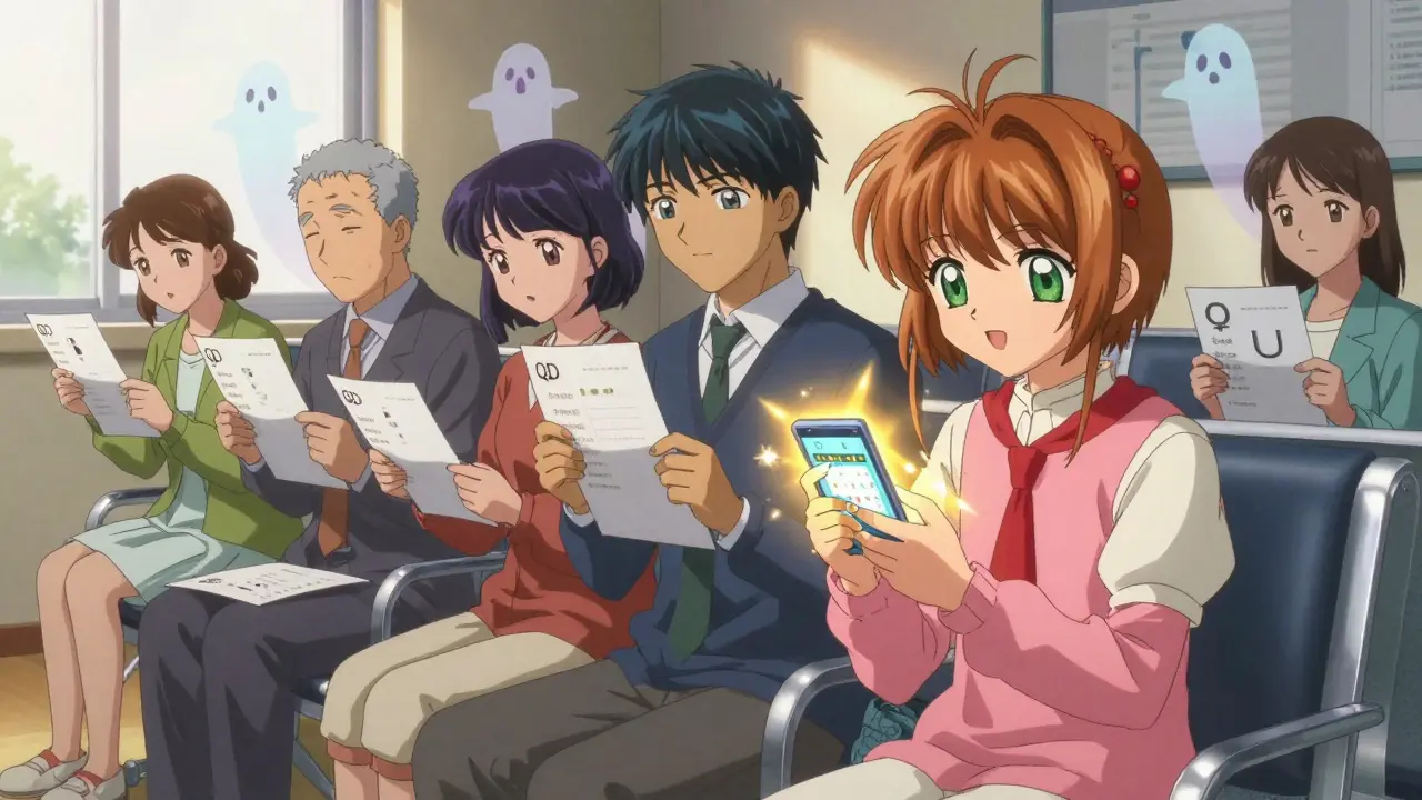 Patients in a clinic hold prescriptions with error ghosts rising, while one uses a glowing checklist app.