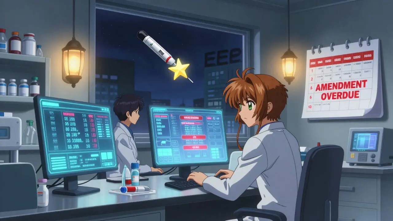 Pharmaceutical workers scramble as a holographic alert warns of a missed amendment deadline under midnight lights.