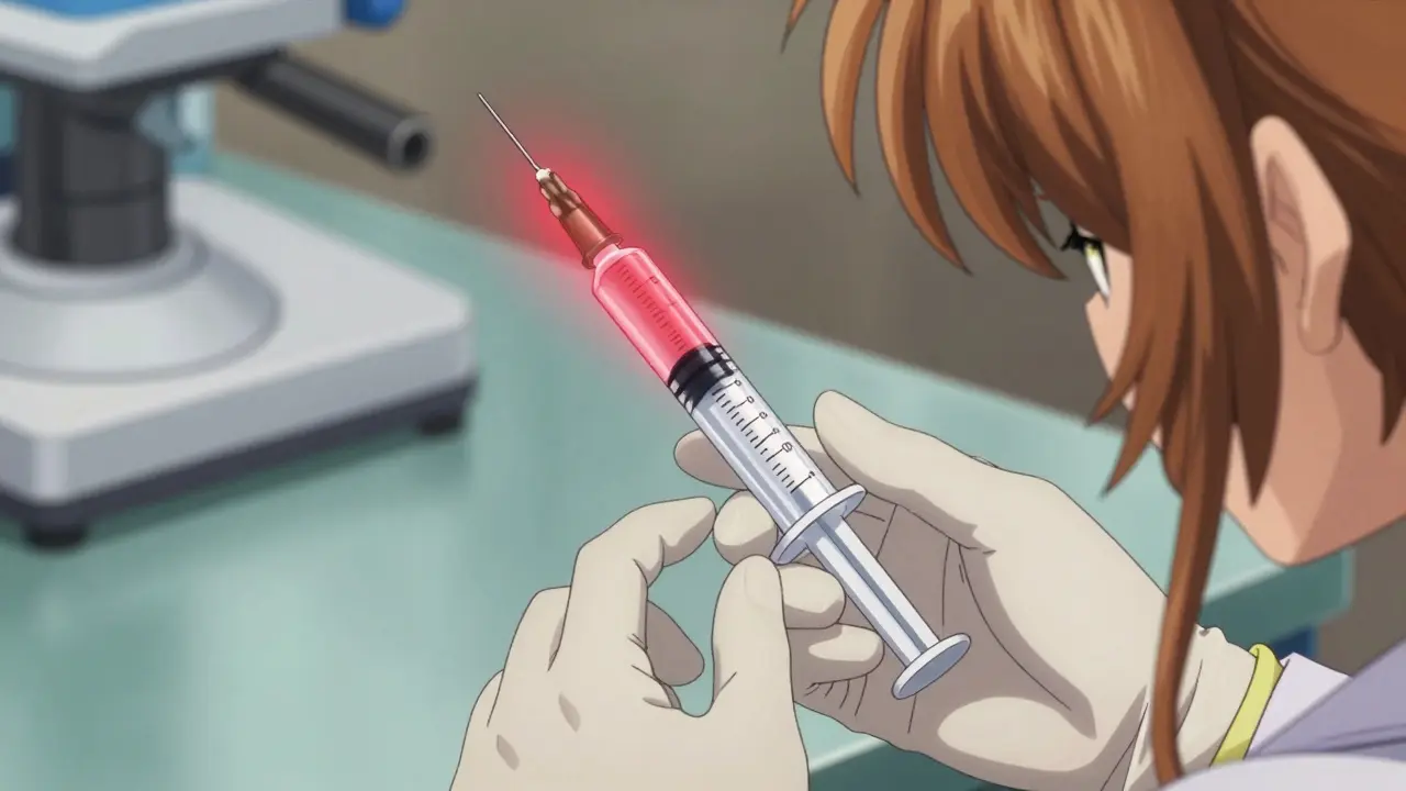 Pharmacist handling insulin syringe with caution in medical environment