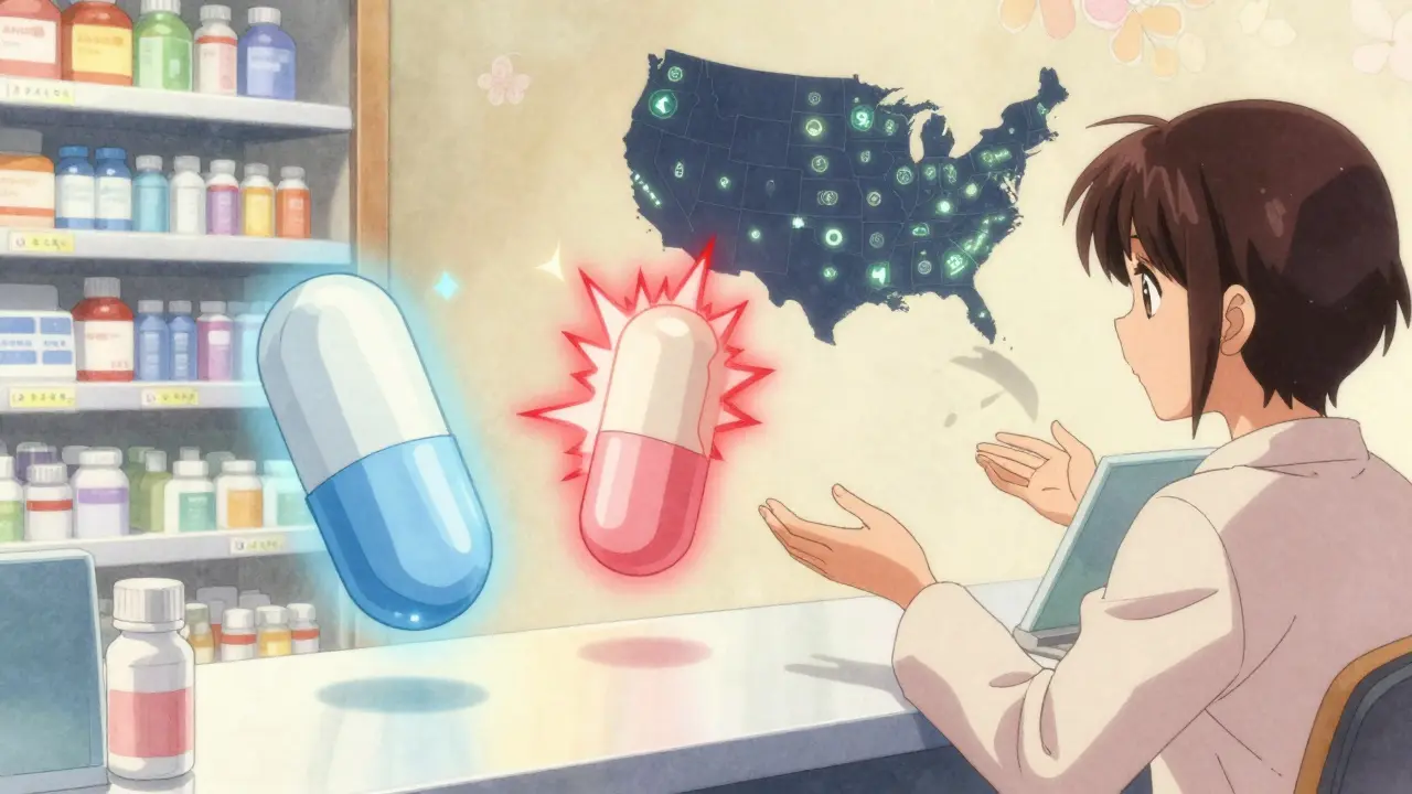 Two generic carbamazepine tablets float above a pharmacy counter, one calm and one sparking with danger, as a patient reaches out.