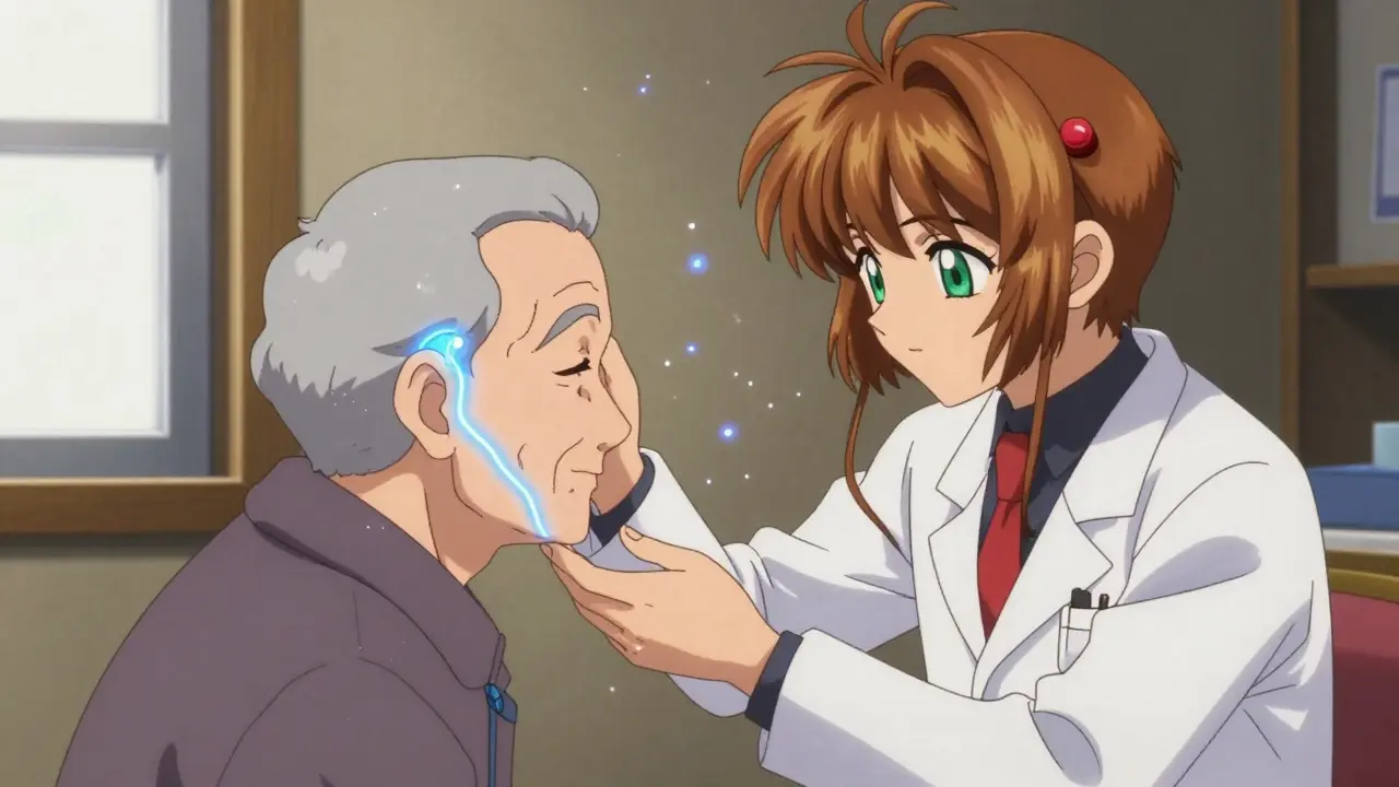 A doctor performing the Epley maneuver on an elderly patient, with glowing crystals repositioning in the ear.