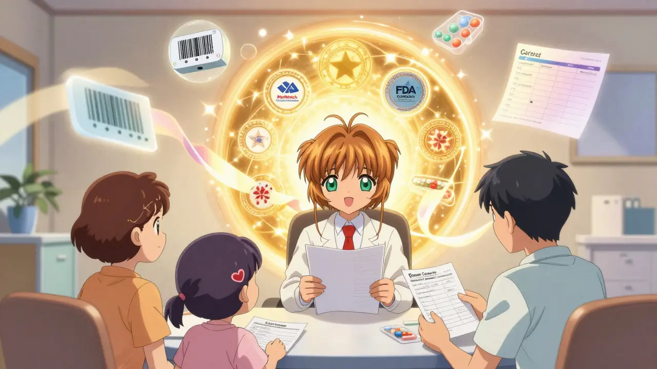 A family meets with a safety officer as magical icons of medication safety glow behind them.