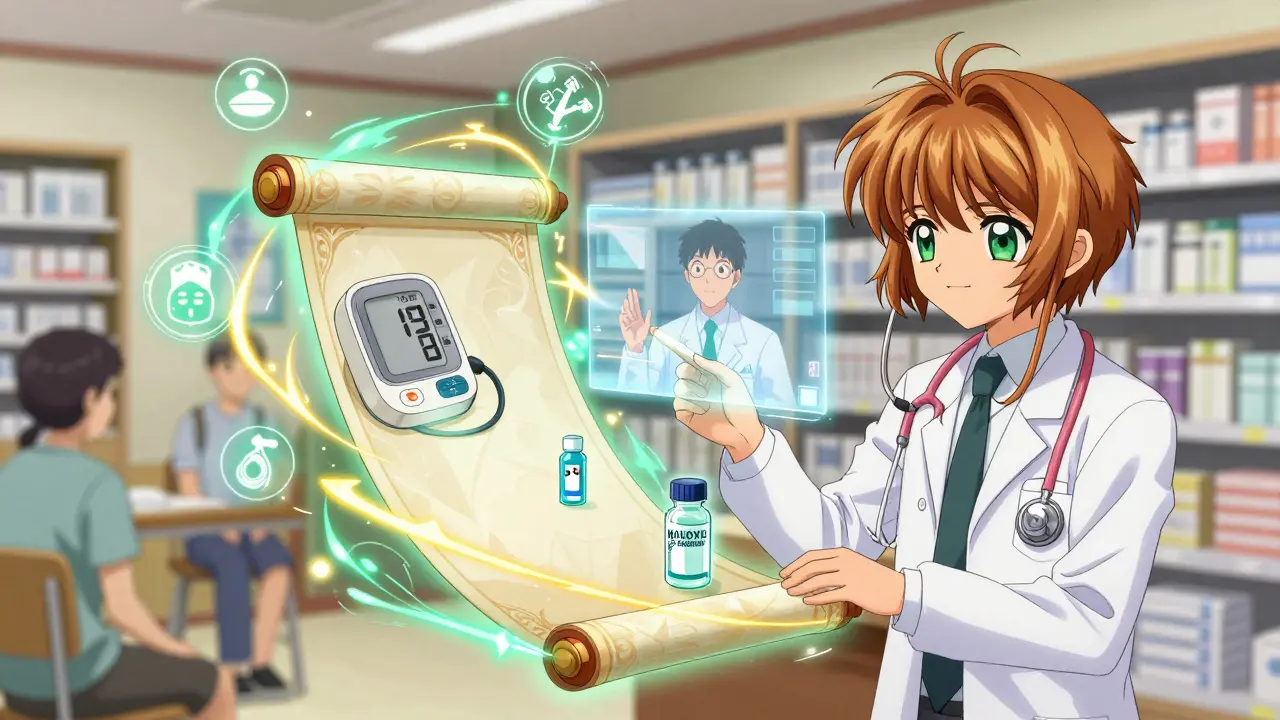 A glowing contract connects a pharmacist and physician with medical icons pulsing between them in a community healthcare scene.