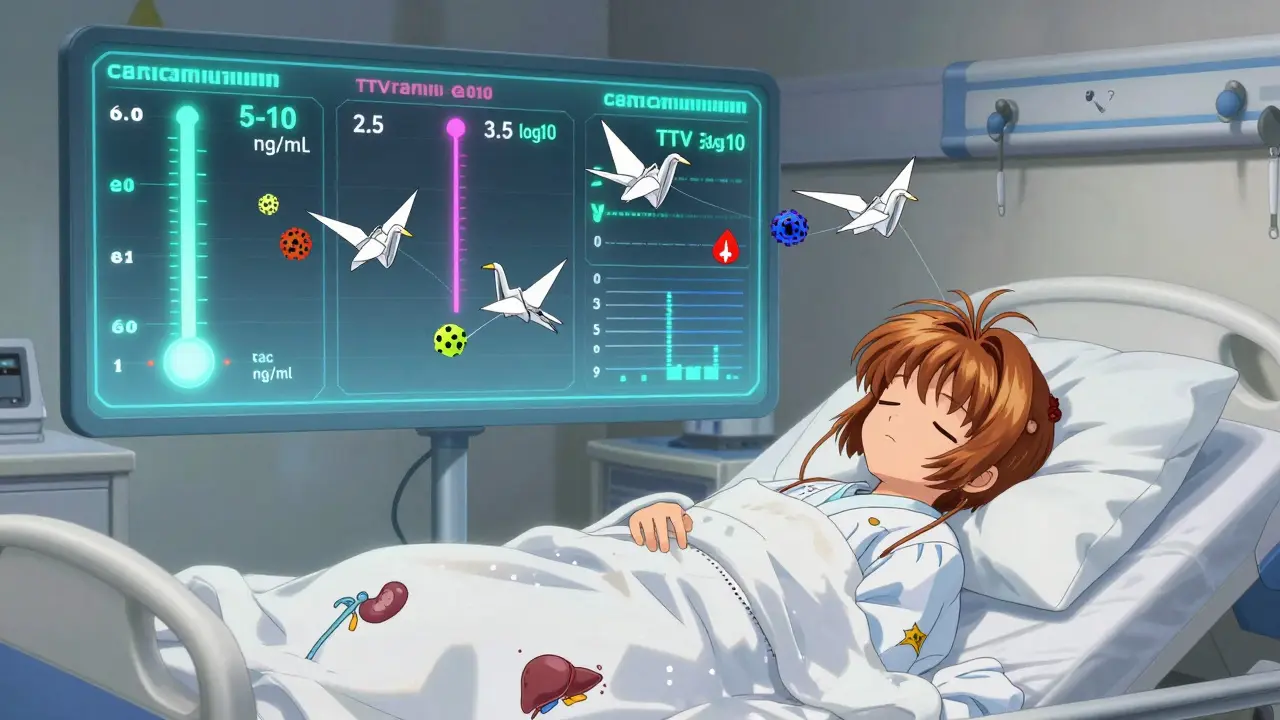A magical medical dashboard with meters for drug levels, TTV, and bone density, animated with paper cranes.