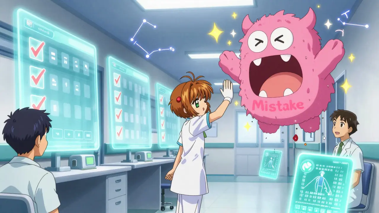 A nurse and pharmacist defeat a medication error monster using glowing electronic prescribing systems in a bright hospital hallway.