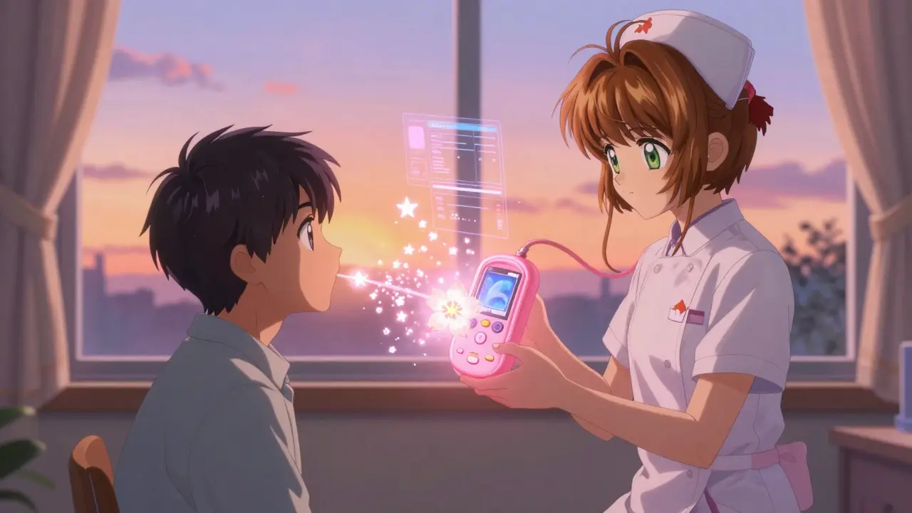 A nurse using a cherry blossom-shaped device to analyze breath, with holographic data rising like stars.