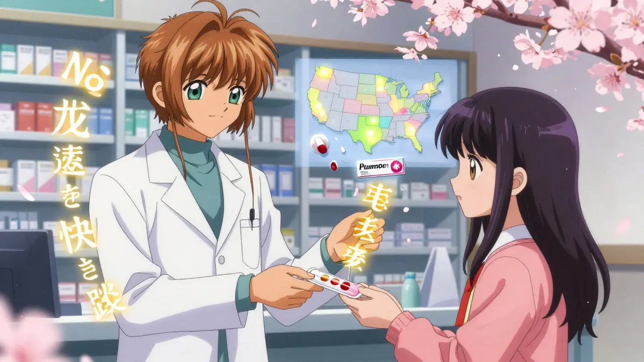 A pharmacist hands emergency contraception to a young woman, surrounded by glowing symbols of reproductive health access.