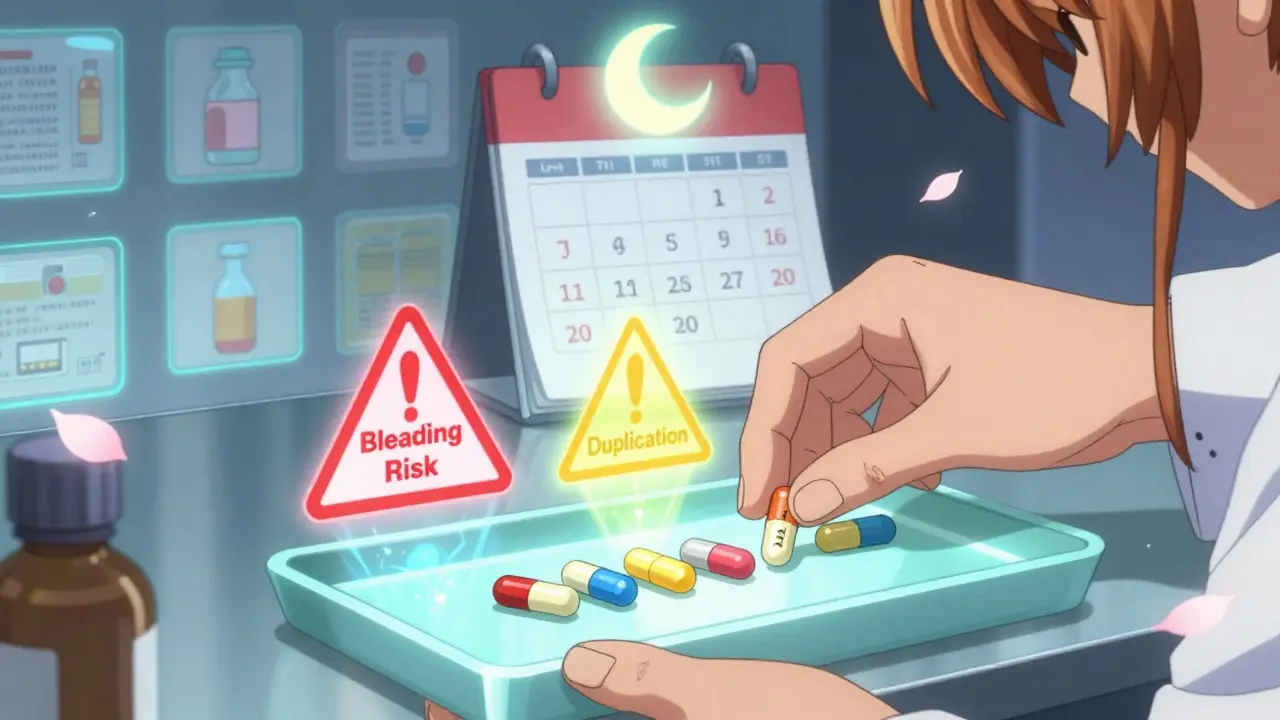 A pharmacist placing pills on a glowing tray as magical warnings vanish, with a calendar showing one monthly refill day.