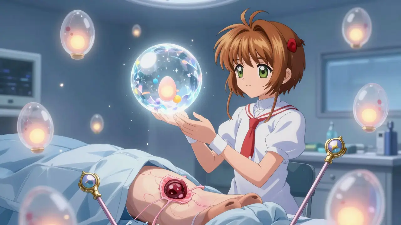 A teenage girl undergoes surgery as translucent ovaries glow and magical egg spirits are captured into a frozen crystal orb.